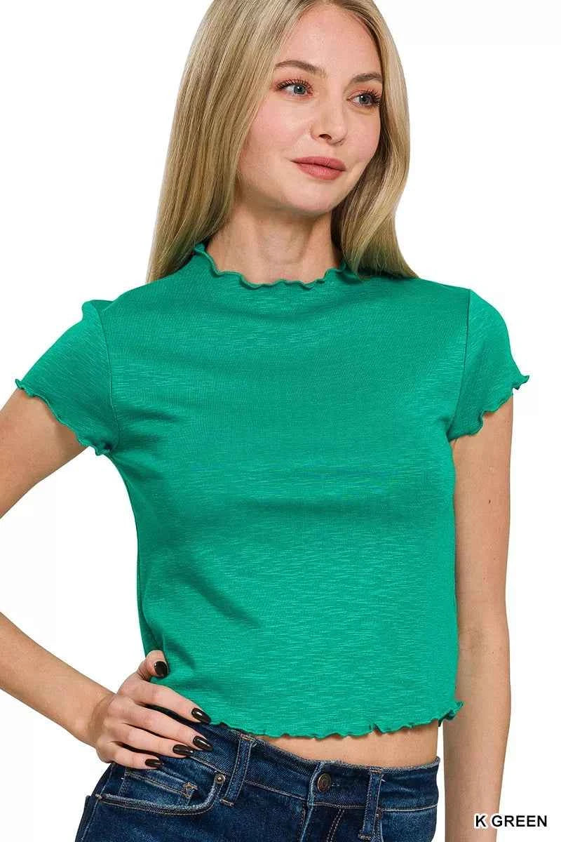 Zenana Cotton Modal Slub Lettuce Trimmed Cropped T-Shirt K GREEN 11d2656b03cd49c28ba54bb3c74bfa48-Max-Origin