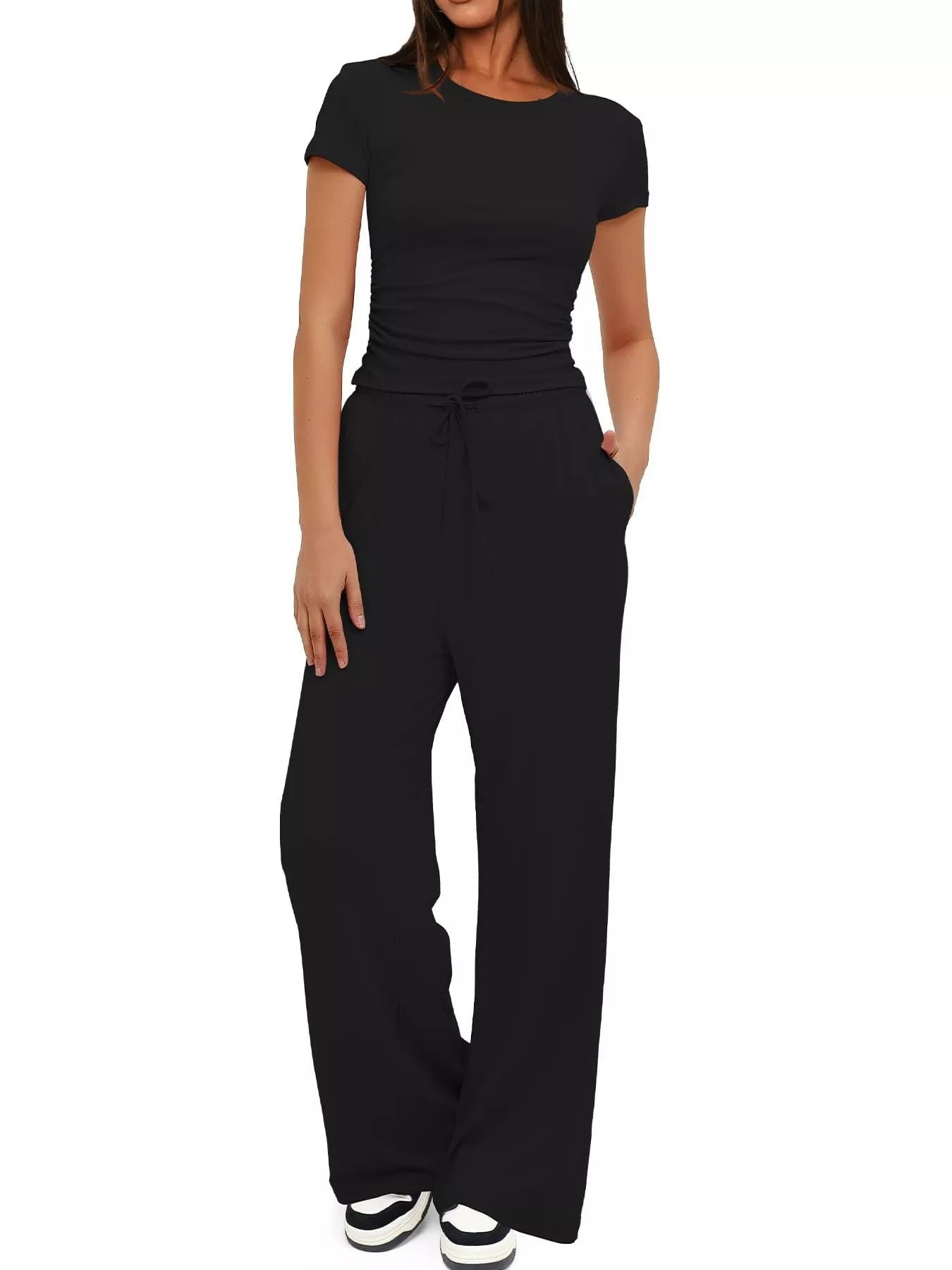 Round Neck Short Sleeve T-Shirt and Pants Set Black 11d2966e91364e2d91518db19eecc22a-Max-Origin