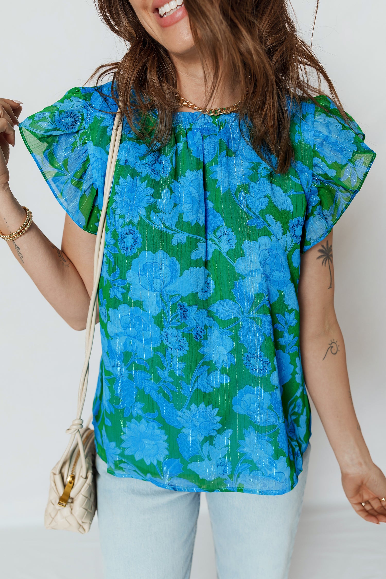Green Floral Print Ruffled Sleeve Summer Blouse 11d4a7c53552e859