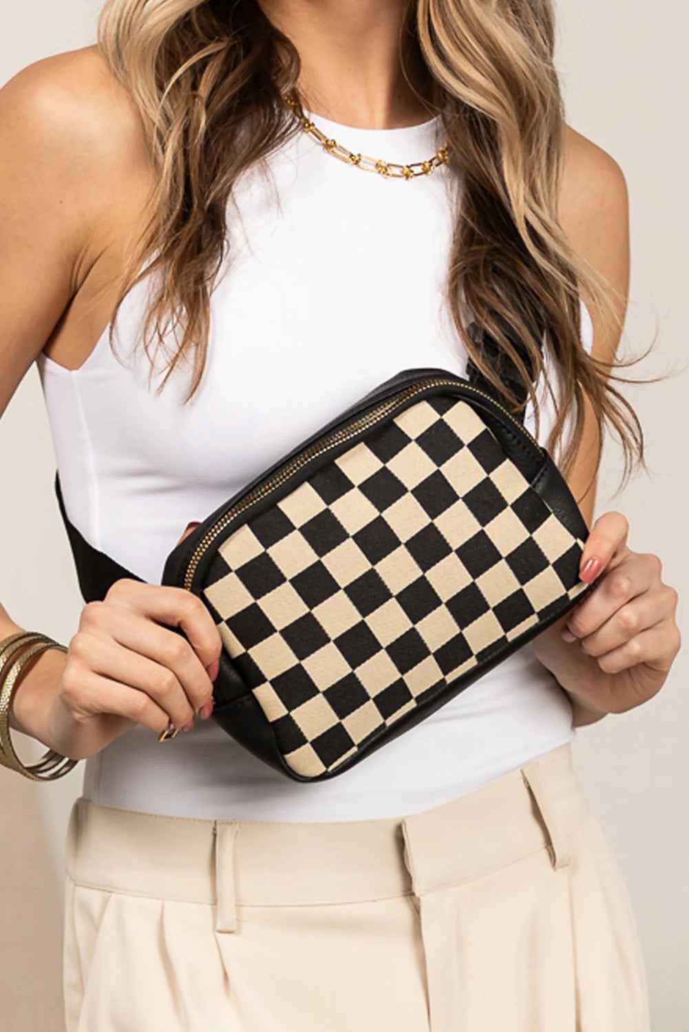 Coffee Faux Leather Checkered Patchwork Crossbody Bag Black ONE SIZE 95%PU+5%Alloy 11d4ae7a840fc5b8