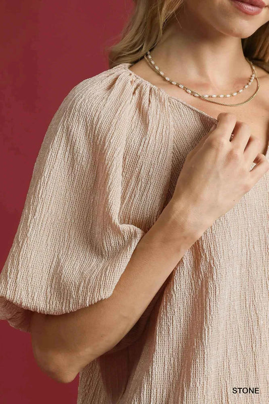 Texture Puff Sleeve Notched Blouse 11d76299-d7fb-4ad8-a7e8-557063e26b26-Max-Origin