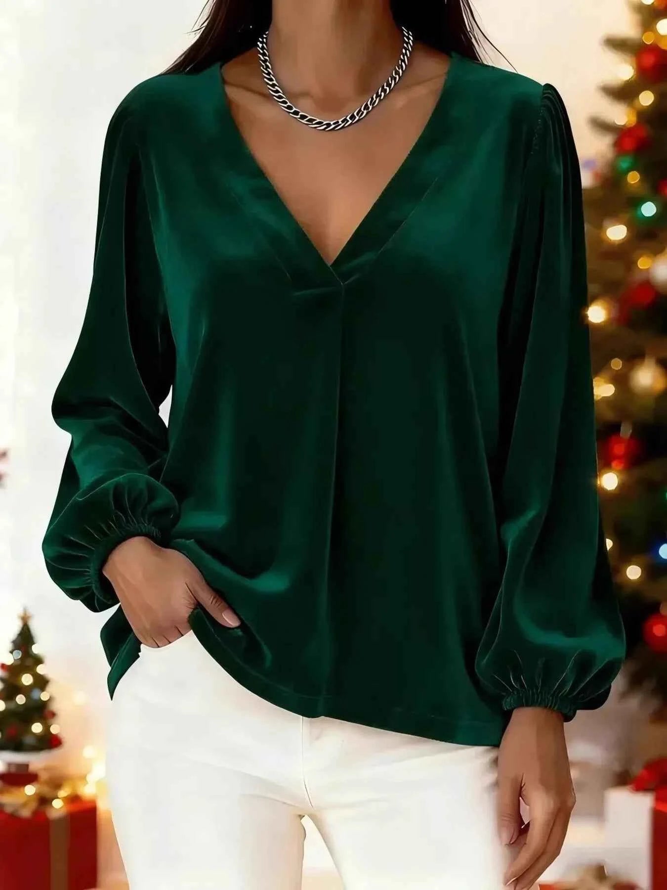 Full Size Velvet V-Neck Balloon Sleeve Blouse Plus Size