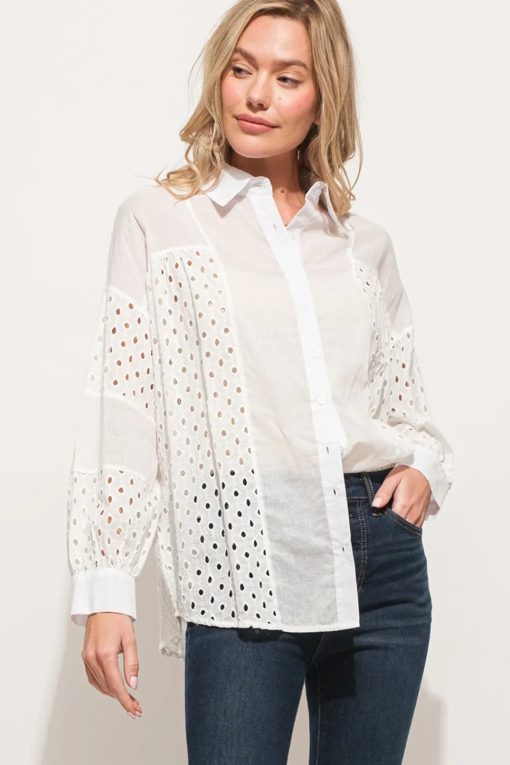 Eyelet Long Sleeve Button Down Shirt - 100% Cotton Opaque WHITE 11e0a15d-4146-45a3-b553-06165742411a-Max