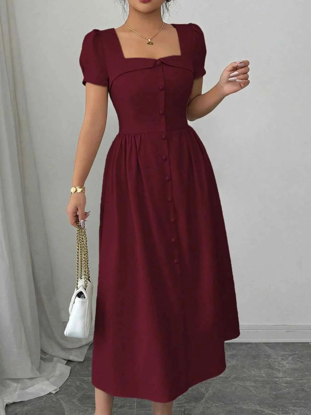 Square Neck Puff Sleeve Midi Dress Burgundy 11e0cc45-94ba-4759-a8ad-b484e235842b-Max-Origin