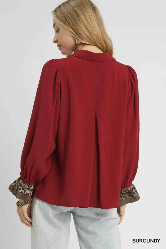 Half Button Blouse with Leopard Print Trim 11e4d347-727c-4d74-80cd-abac55f19608-Max-Origin