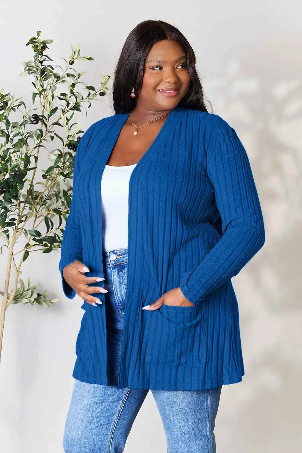 Basic Bae Full Size Ribbed Open Front Cardigan with Pockets 11ed65a5a135481191d7452776958aba-Max