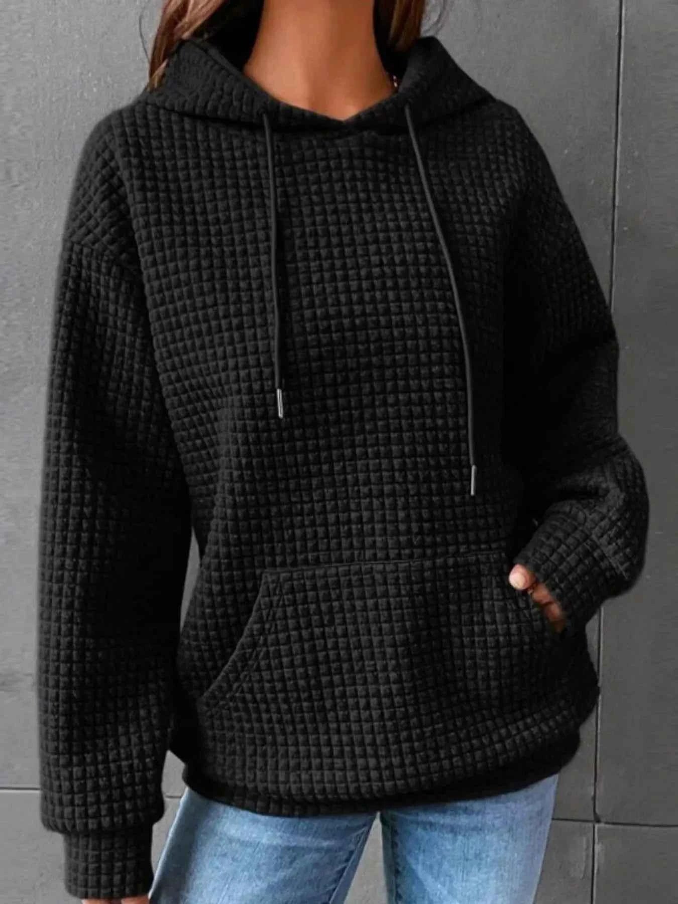 Waffle Knit Hoodie with Drawstring Details Black 11efc8a9-2310-42ca-8a84-46b4b63ebc09-Max-Origin
