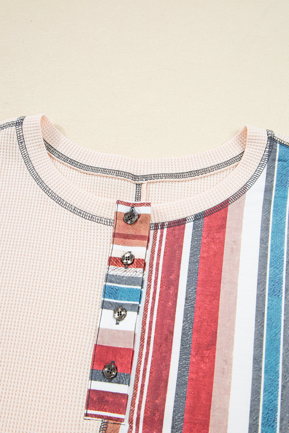 Beige Striped Waffle Patchwork Exposed Seam Raw Hem Knit Top 11f5a213a809c02b