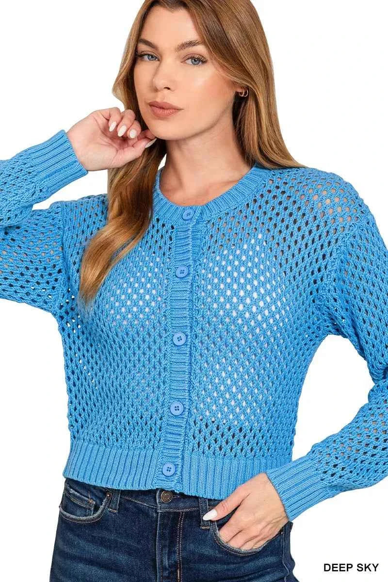 Zenana Button Down Lightweight Crochet Cardigan Sweater DEEP SKY 11fcebd6cfa544d7a8c82fab0508d102-Max-Origin