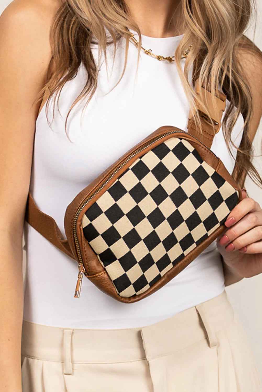 Coffee Faux Leather Checkered Patchwork Crossbody Bag Coffee ONE SIZE 95%PU+5%Alloy 12024f1dccfdfc62