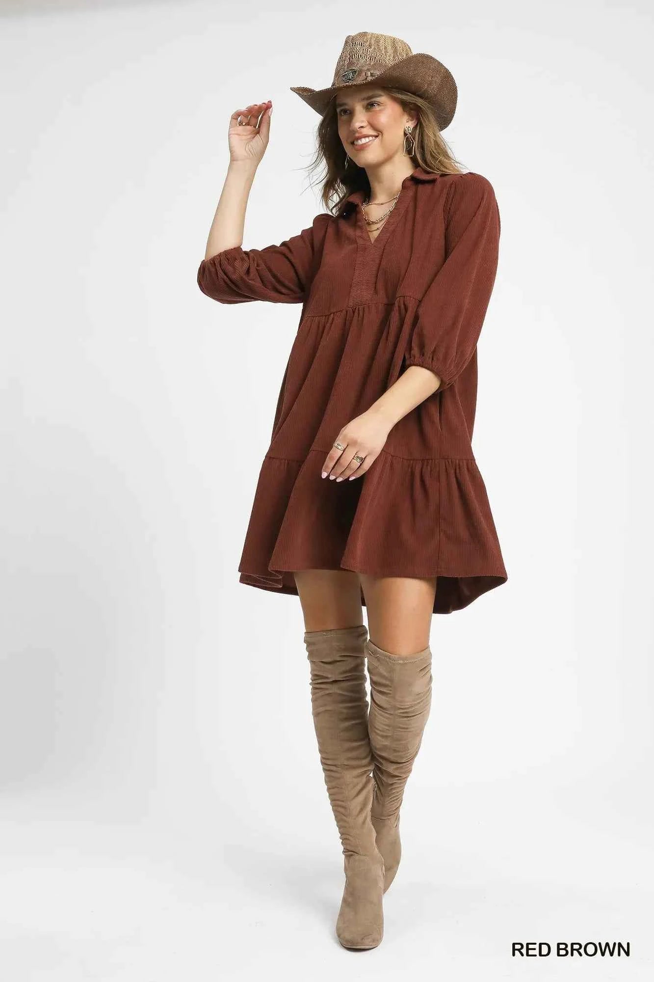 Umgee Tiered Corduroy Mini Dress with Balloon Sleeves 12058b56-c496-46a9-bfe3-aa0aafa7355f-Max-Origin