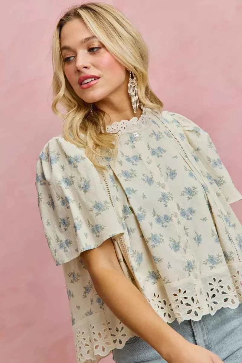 SO ME Floral Print Lace Trim Flutter Sleeves Blouse 1212c19b-354e-42ed-87ab-f592c8f234c4-Max-Origin