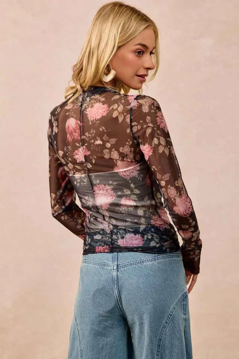 BiBi Flower Printed Mesh Lace Top with Thumb Opening 1213836a7620410792846e245d27e34d-Max-Origin