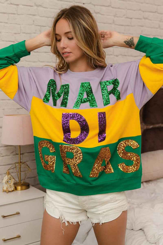 BiBi Sequin Mardi Gras Lettering Color Block Sweatshirt 121b6b7eae5c480c923d6260086a9f39-Max