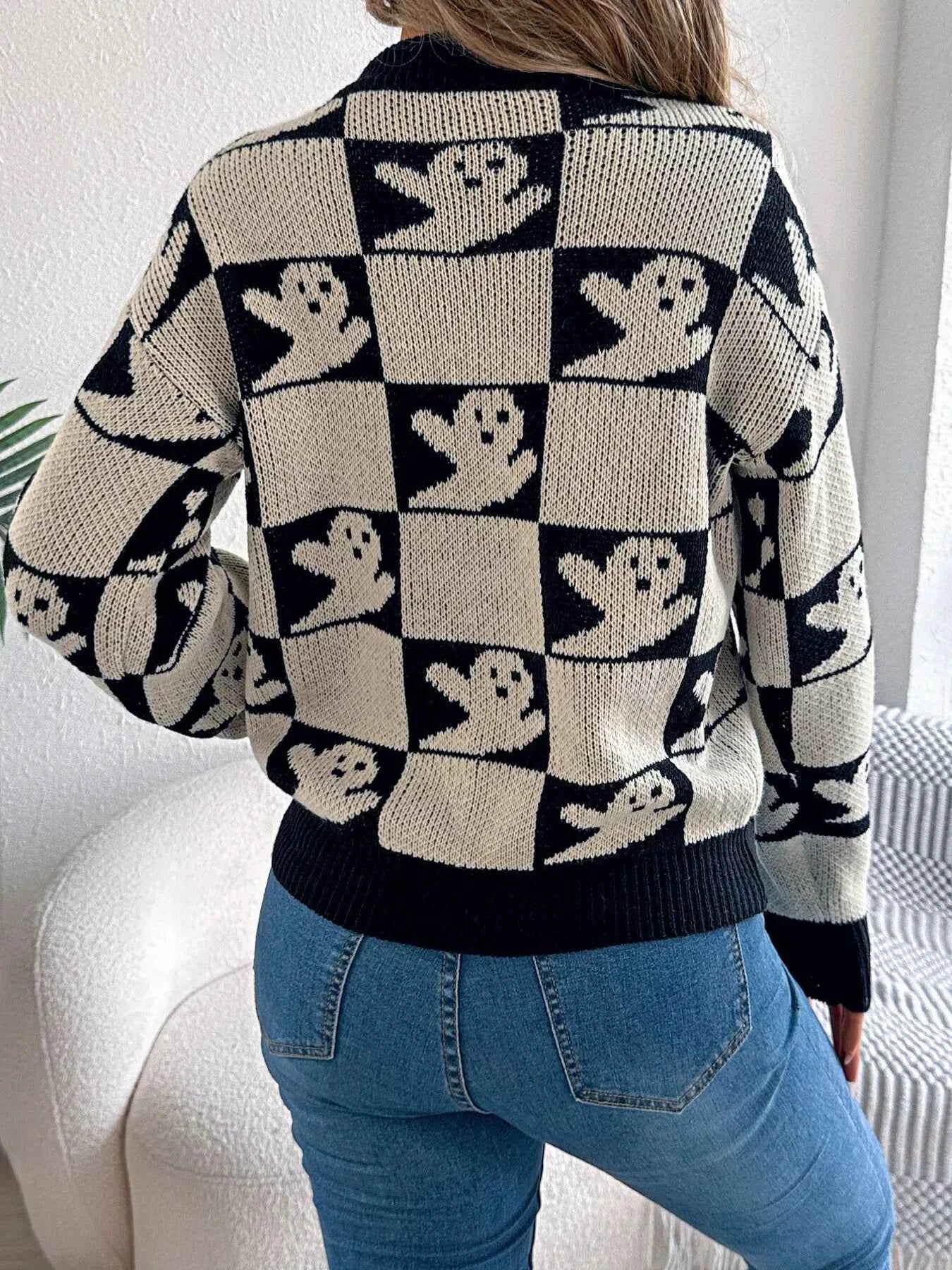 Halloween Ghost Pattern Checkered Round Neck Sweater 1224b593c9f74e75a706d21b4d96fa19-Max-Origin