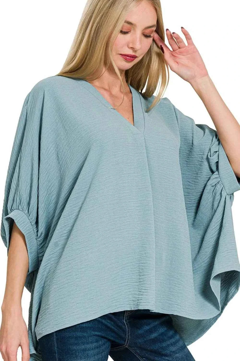 Zenana Woven Airflow V-neck Puff Half Sleeve Top BLUE GREY 1224be5f-e4c0-49de-bba1-1d004ad1b598-Max-Origin