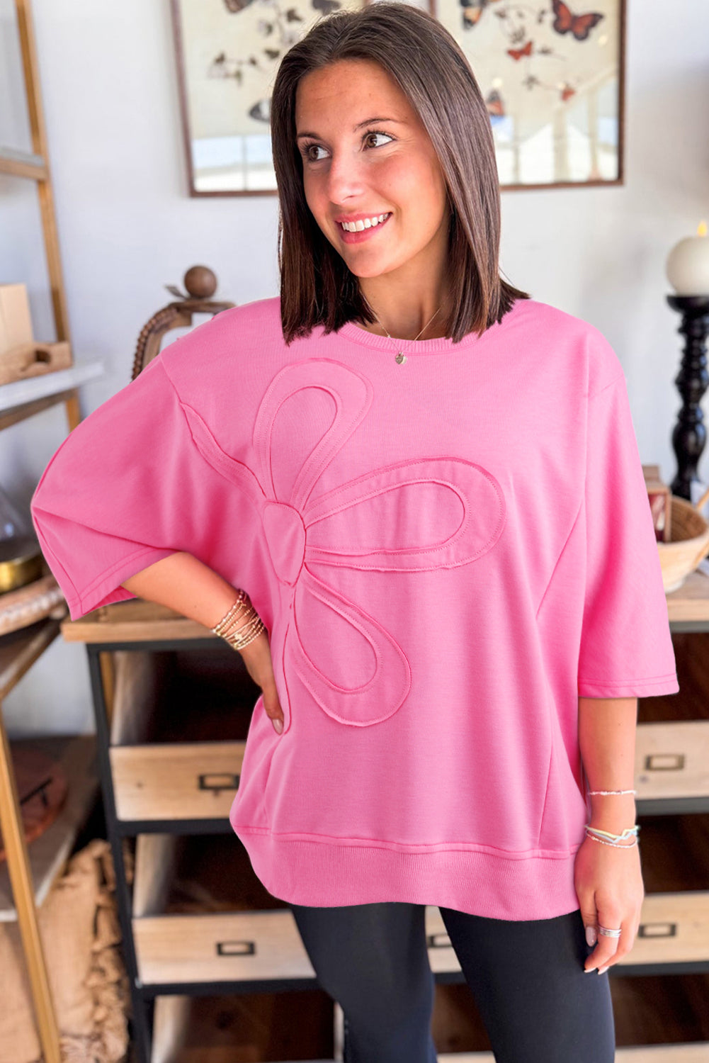 Clearly Aqua Solid Color Floral Patched Half Sleeve Tunic Top 122a3607eab6a6ae