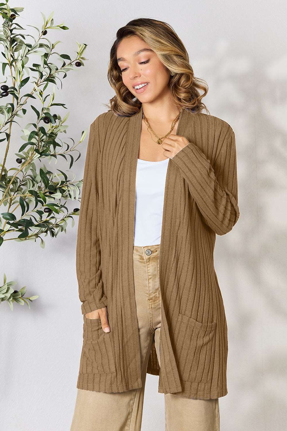 Basic Bae Full Size Ribbed Open Front Cardigan with Pockets