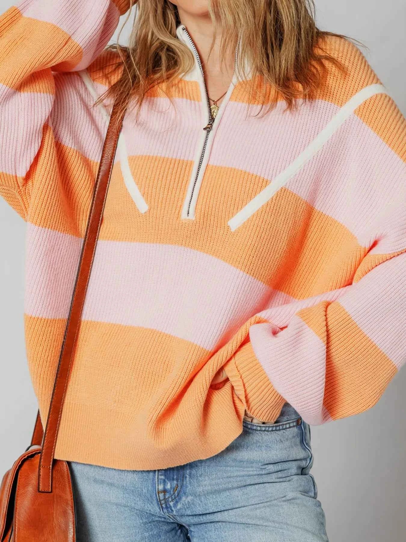 Stripe Color Block Half Zip Oversize Sweater 123737938d3a4f7da4b73bb2e49ed16d-Max-Origin
