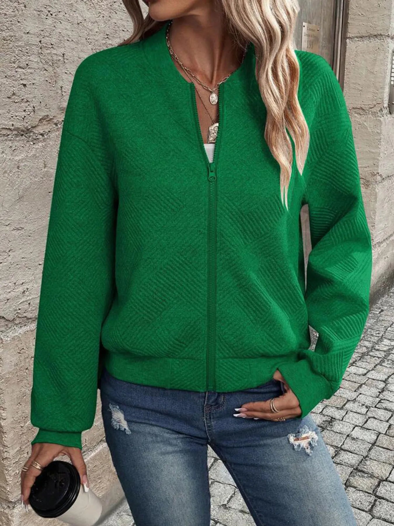Zip-Up Textured Long Sleeve Jacket 1245998c16594b938d86d6a969cce117-Max-Origin