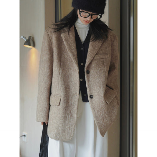 Elegant Wool Blend Notched Blazer Coat