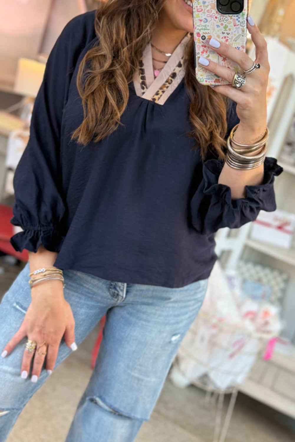 Navy Blue Contrast Leopard Patchwork Collar Plus Size Long Flounce Sleeve Blouse Navy Blue 80%Viscose+20%Polyamide 124be8f917c4ac58