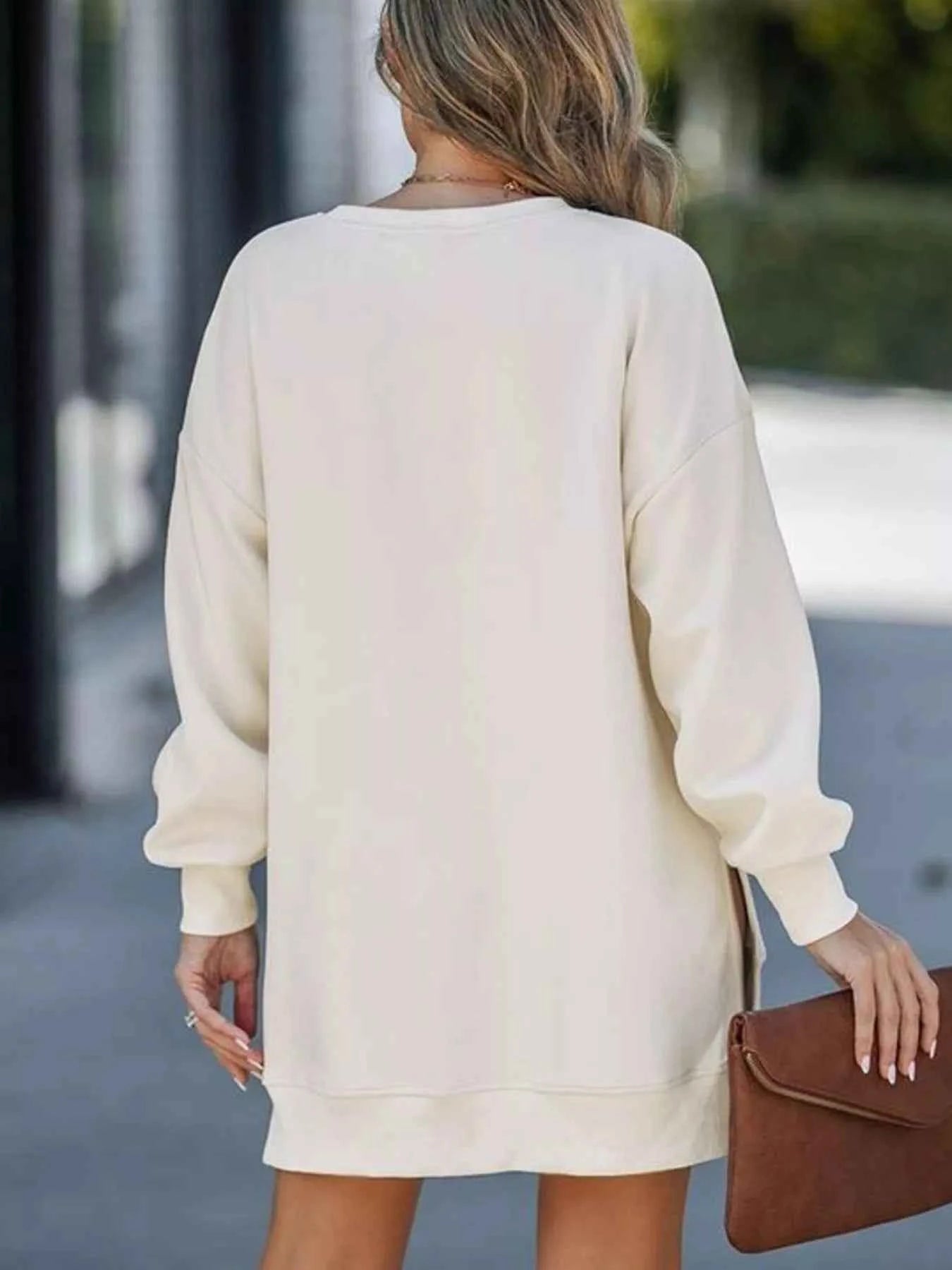 Side Slit Round Neck Long Sleeve Sweatshirt