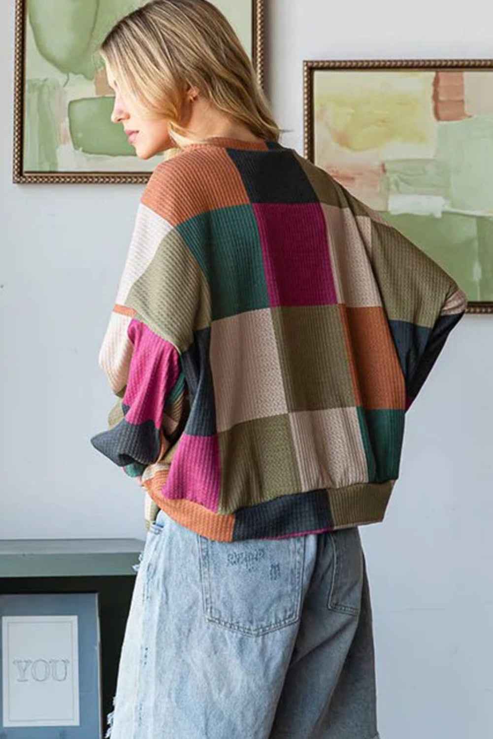 Green Checkered Print Textured Knit Long Sleeve Loose Top 1259b8d1f7c0d455