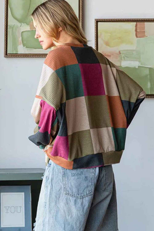 Green Checkered Print Textured Knit Long Sleeve Loose Top 1259b8d1f7c0d455