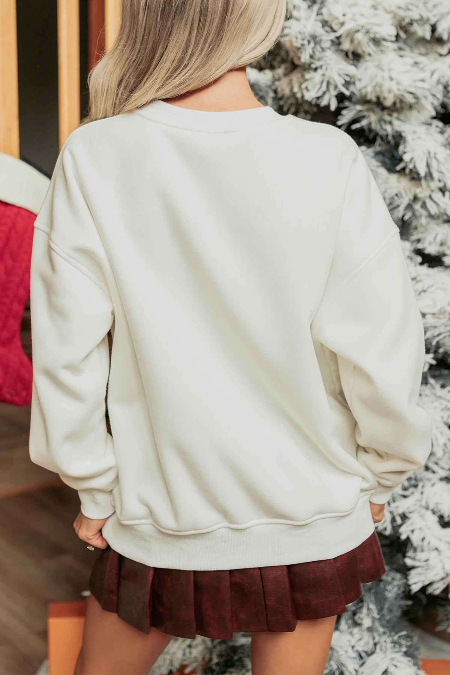White merry Festive Bow Print Drop Shoulder Loose Pullover Sweatshirt 125aaea0998c6e1e