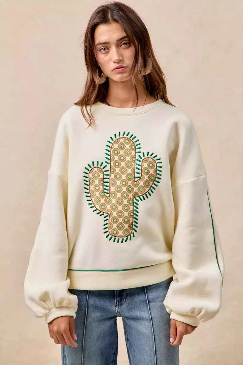 BiBi Cactus Embroidered Fleece Sweatshirt 125c82fdf18e4da8af1c9f2dbf816564-Max-Origin