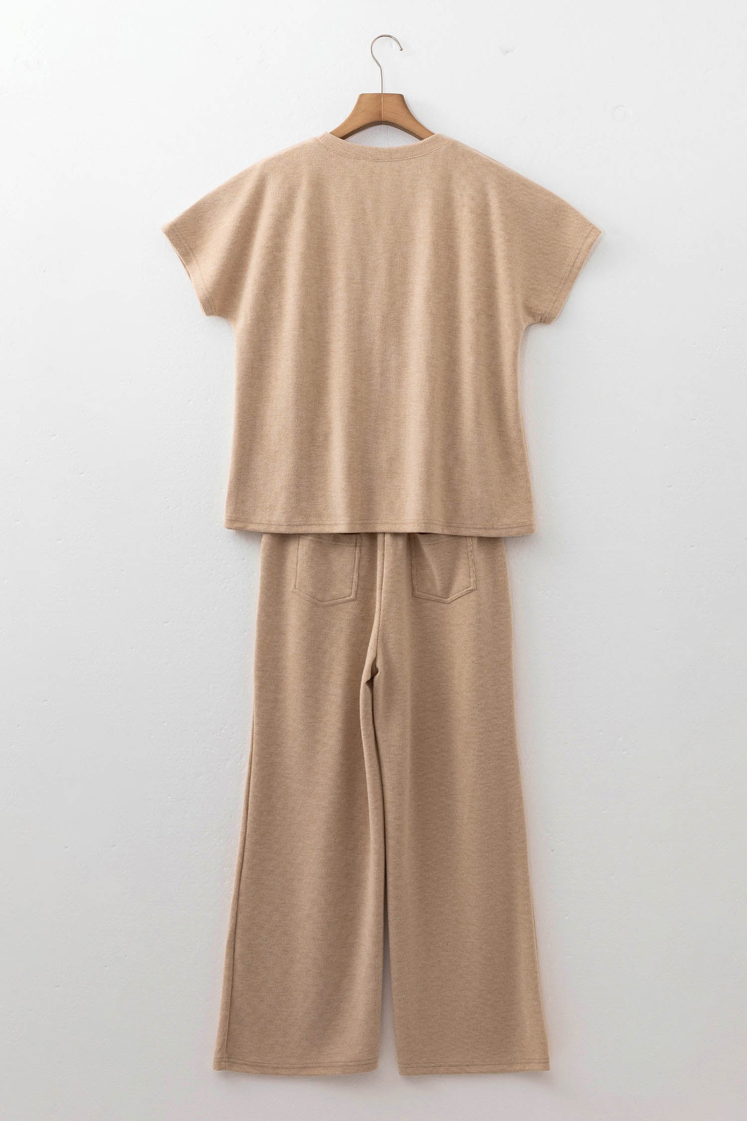 Light French Beige Solid Color Short Sleeve Ribbed Top Casual Pants 2pcs Set 125ca2629aba349e