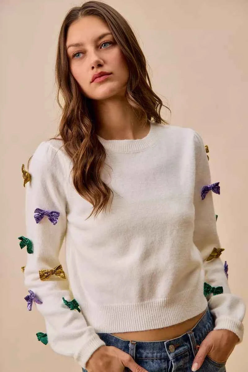 SO ME Mardi Gras Glitter Bow Ribbon Sweater Knit Top 125d917430074a31adcfa7daabe33d72-Max-Origin
