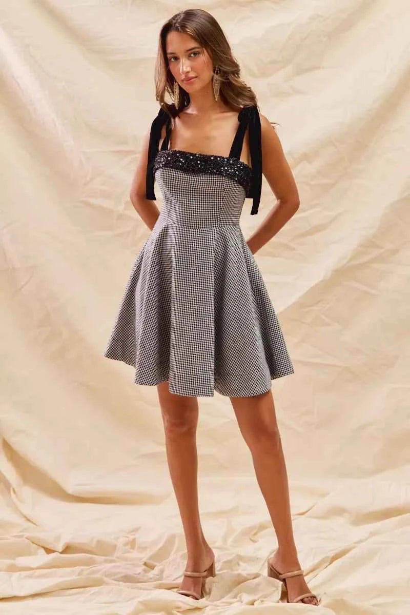 SO ME Houndstooth Fit Flare Mini Dress with Shoulder Tie 125dabf164e14b2788b5d8ce6d398b3f-Max-Origin