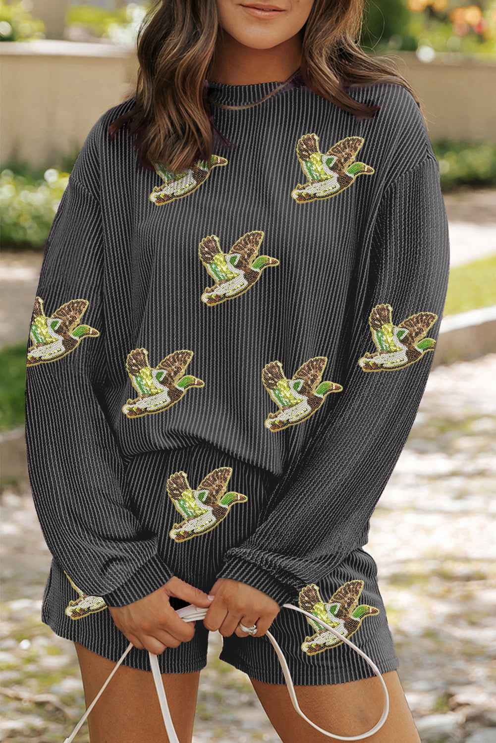 Carbon Grey Ribbed Long Sleeve Top and Shorts Flying Mallard Sequin Patched Graphic Set Carbon Grey 75%Polyester+20%Viscose+5%Elastane 12615b8f82344ebe