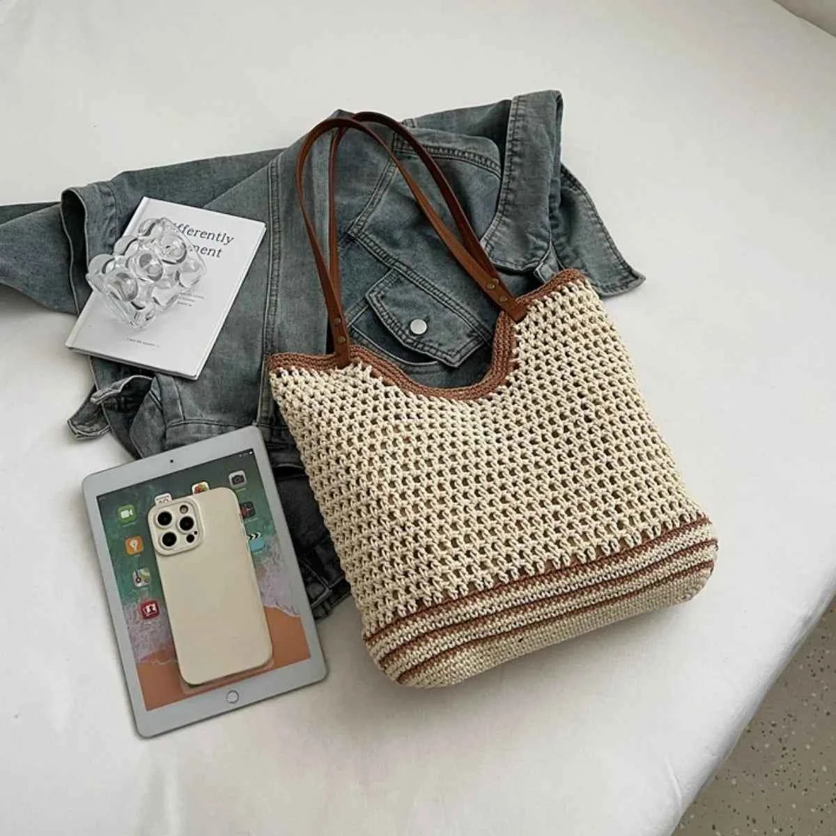 Crochet Tote Bag with Leather Handles 1261c2ae-984d-410d-aec8-539e673b9494-Max-Origin