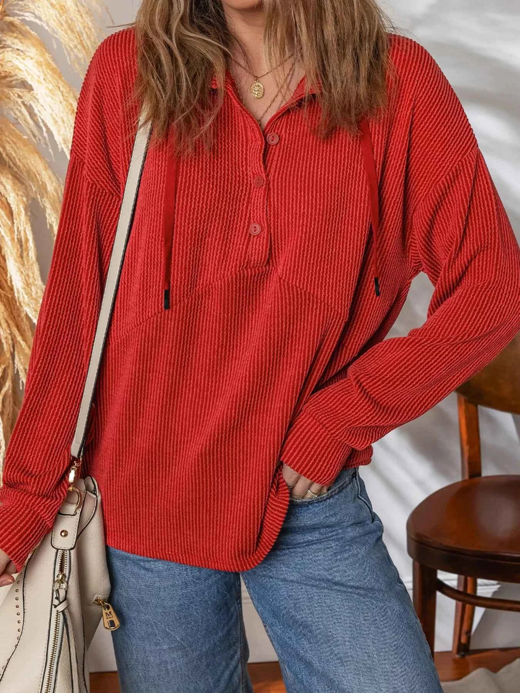 Twist Ribbed Half Button Collared Drawstring Top Deep Red 12627ec3cf4b446cb68ec74b6808c4e9-Max-Origin