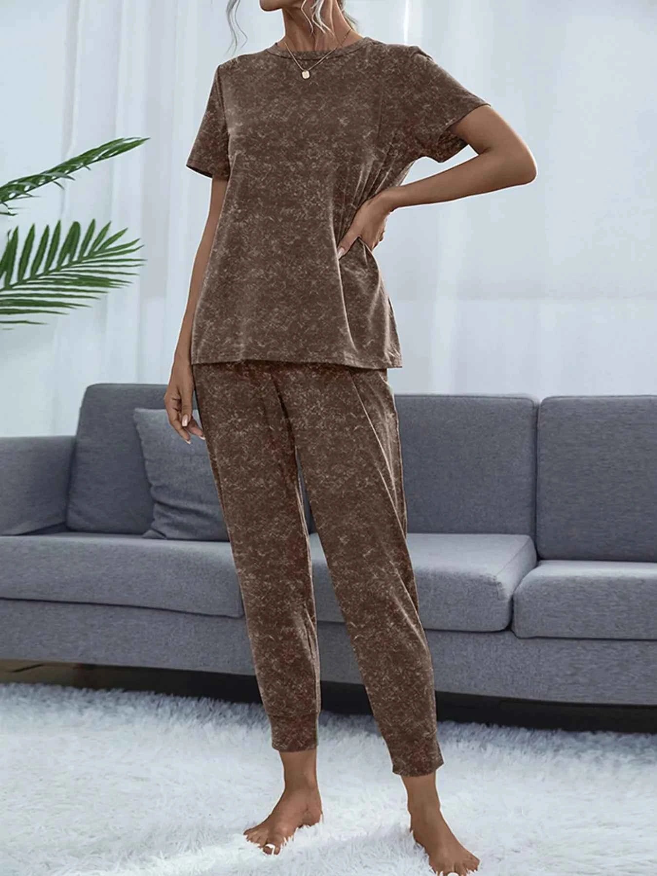 Round Neck Short Sleeve Top and Pants Lounge Set 1262e7f9e51a4cfca61a9d52a5c96b40-Max-Origin