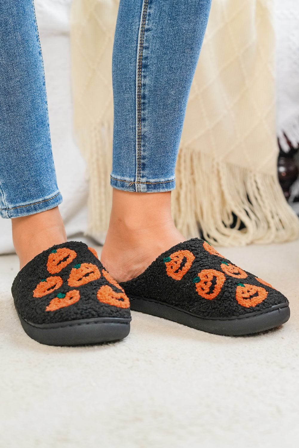Black Halloween Pumpkin Plush Home Slippers 1266ad8e8991ff69