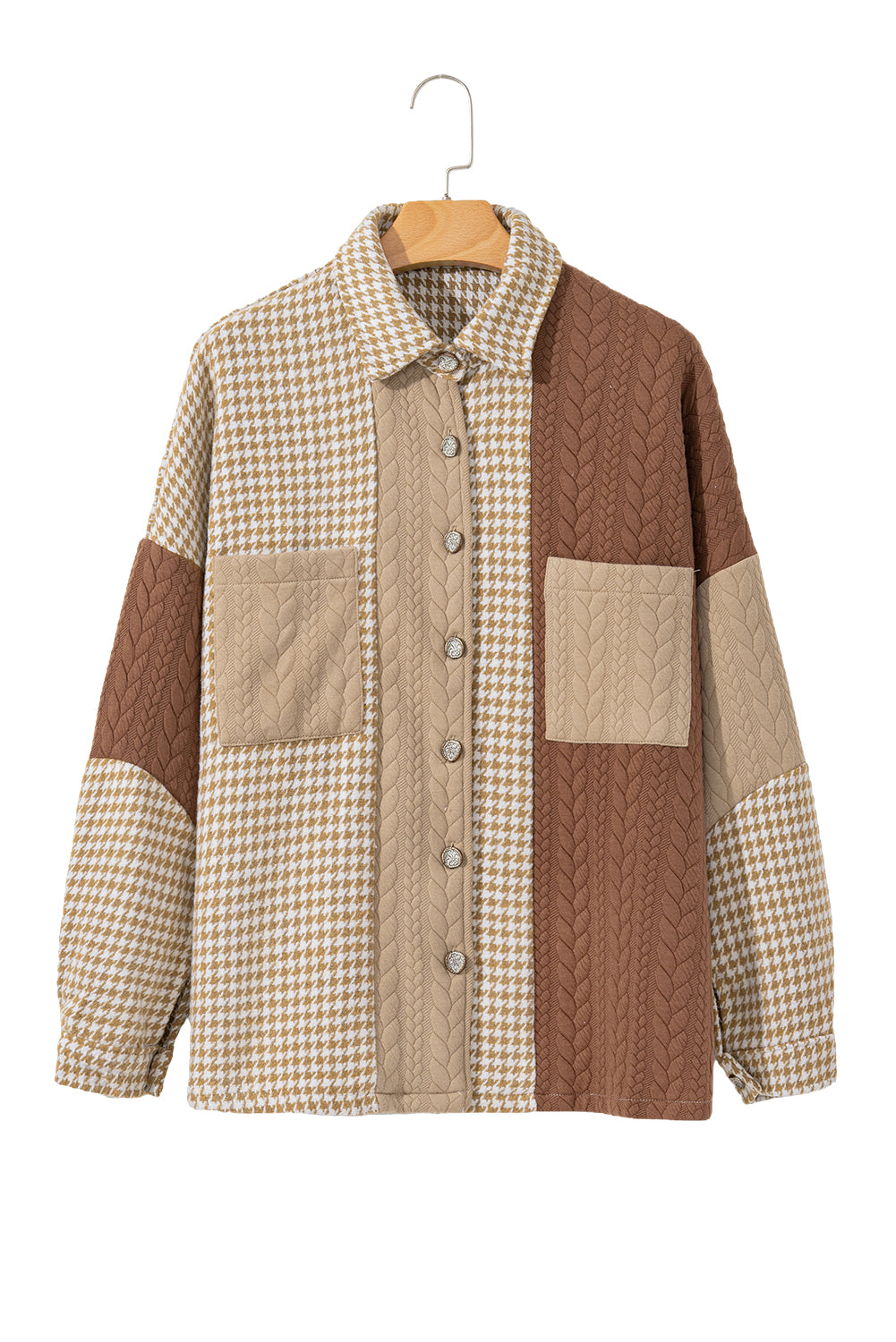 Khaki Houndstooth Textured Patchwork Loose Shacket Khaki 100%Polyester 126c6b8a91a18a13