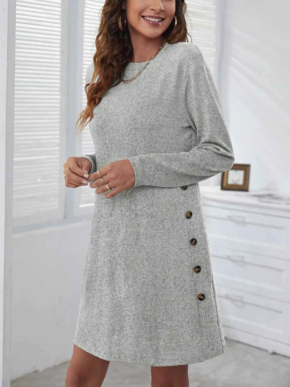 Decorative Button Round Neck Dress 12733ca1-c7f8-4e5c-bde7-9c58484c80c1-Max
