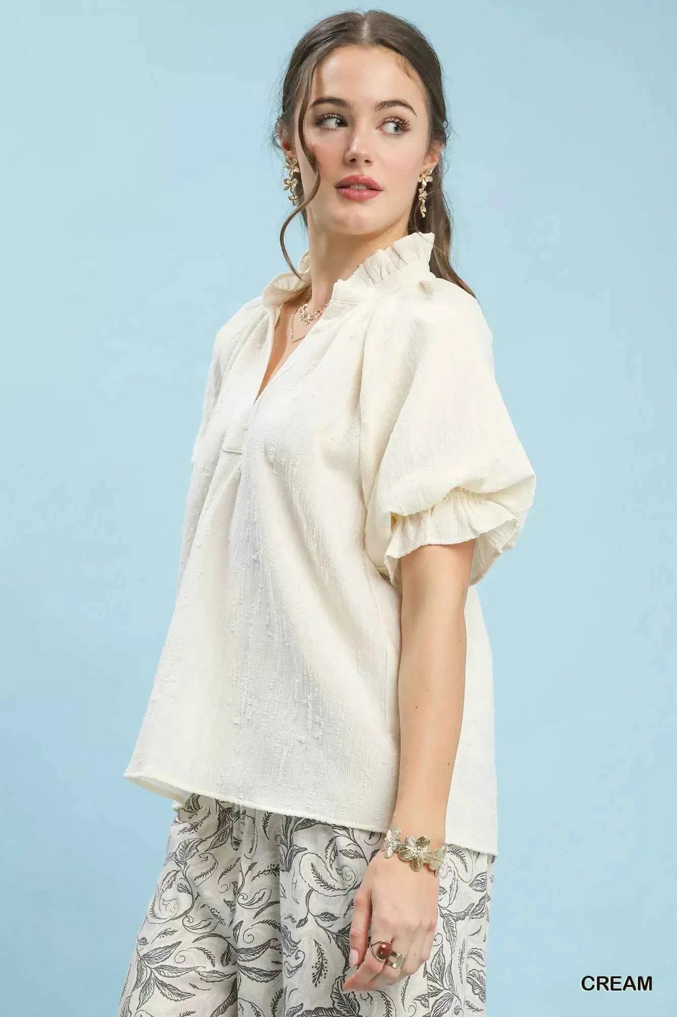 Umgee Textured Puff Sleeve Split Neck Top 12746a76-ca84-43b1-83bc-0106ecde3036-Max-Origin