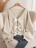 Bow-knot Front V-Neck Knit Cardigan Apricot 12766492f7664c5aaf7a8f4ced8cfe7e-Max-Origin