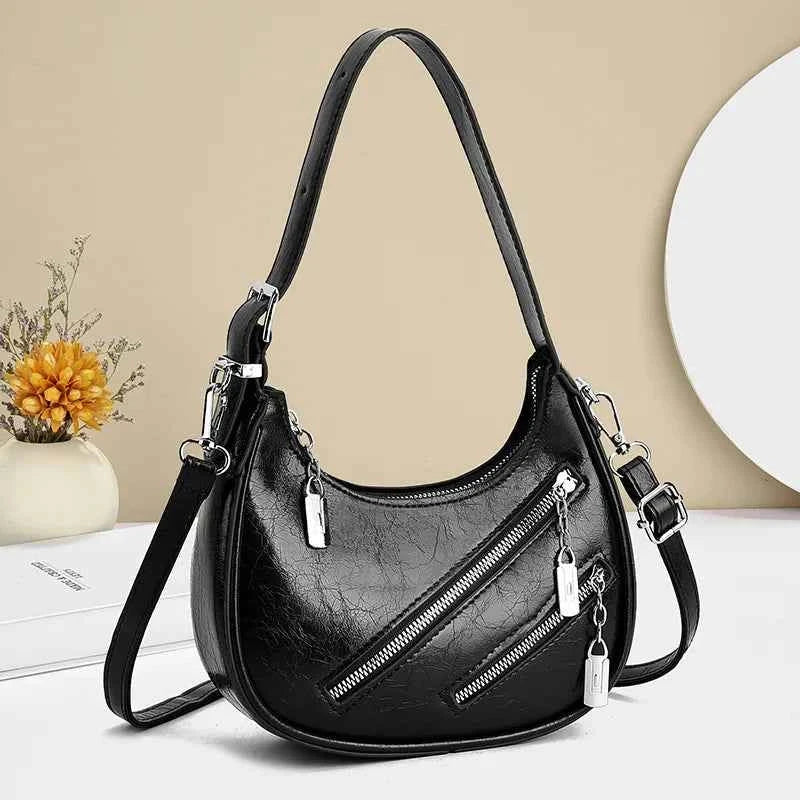 Diagonal Zipper Leather Shoulder Bag Black onesize 12767f6af31047f489c3fe17a3bd5e6a-Max-Origin