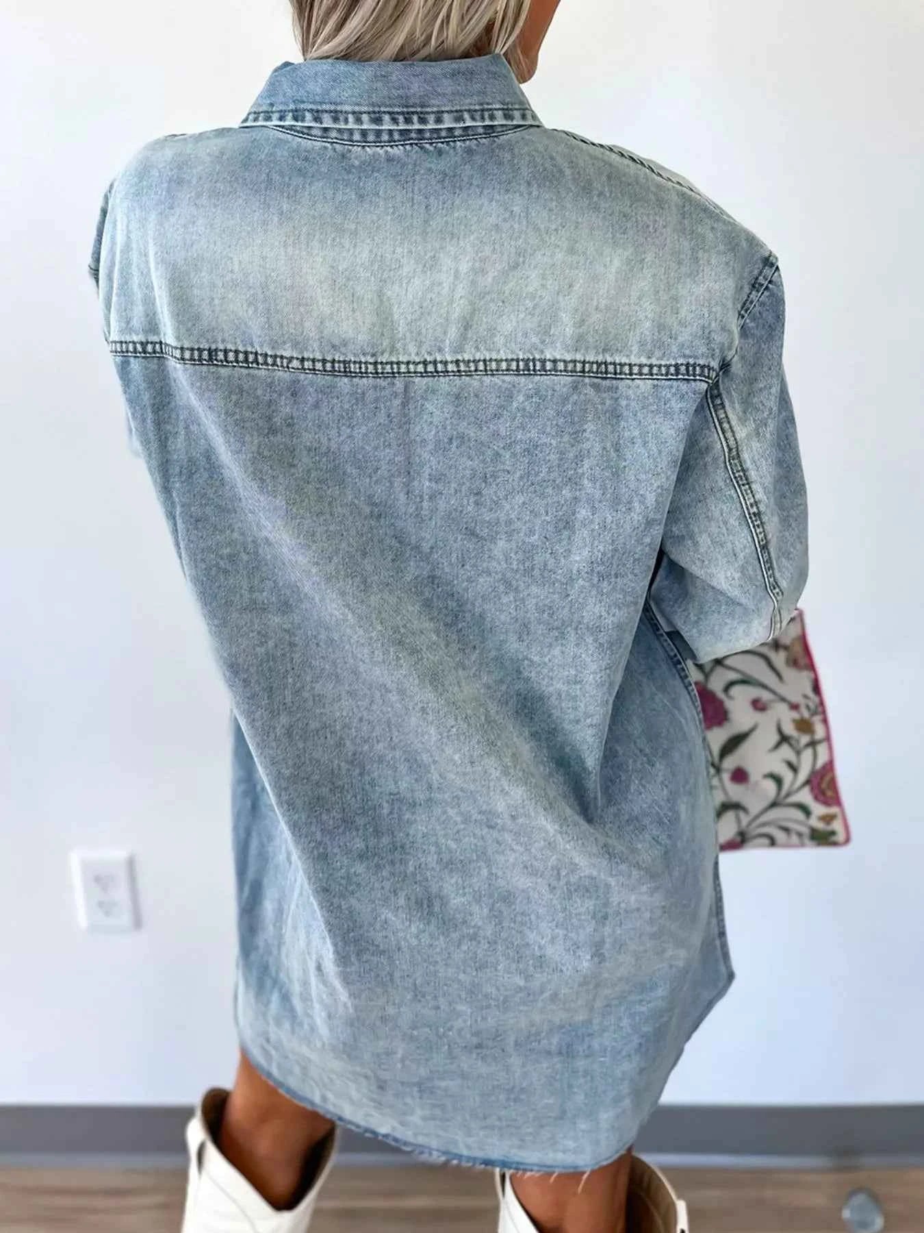 Chest Pocket Raw Hem Denim Loose Shirt Dress 1276f50f-2368-4433-bc0f-fe62f8366a22-Max-Origin