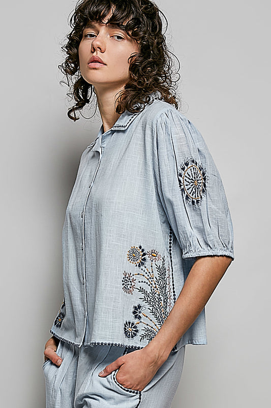 Button Down Embroidered Floral Short Sleeve Shirt 127975e8-47d4-4382-891b-496481b7957b-Max