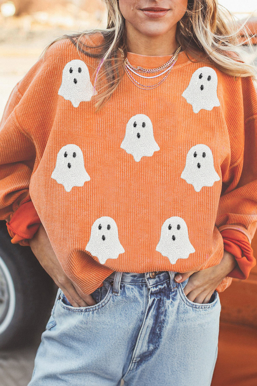 Orange Twisted Ribbed Texture Halloween Ghost Sequin Patched Sweatshirt 1279f0f0ac2323ff