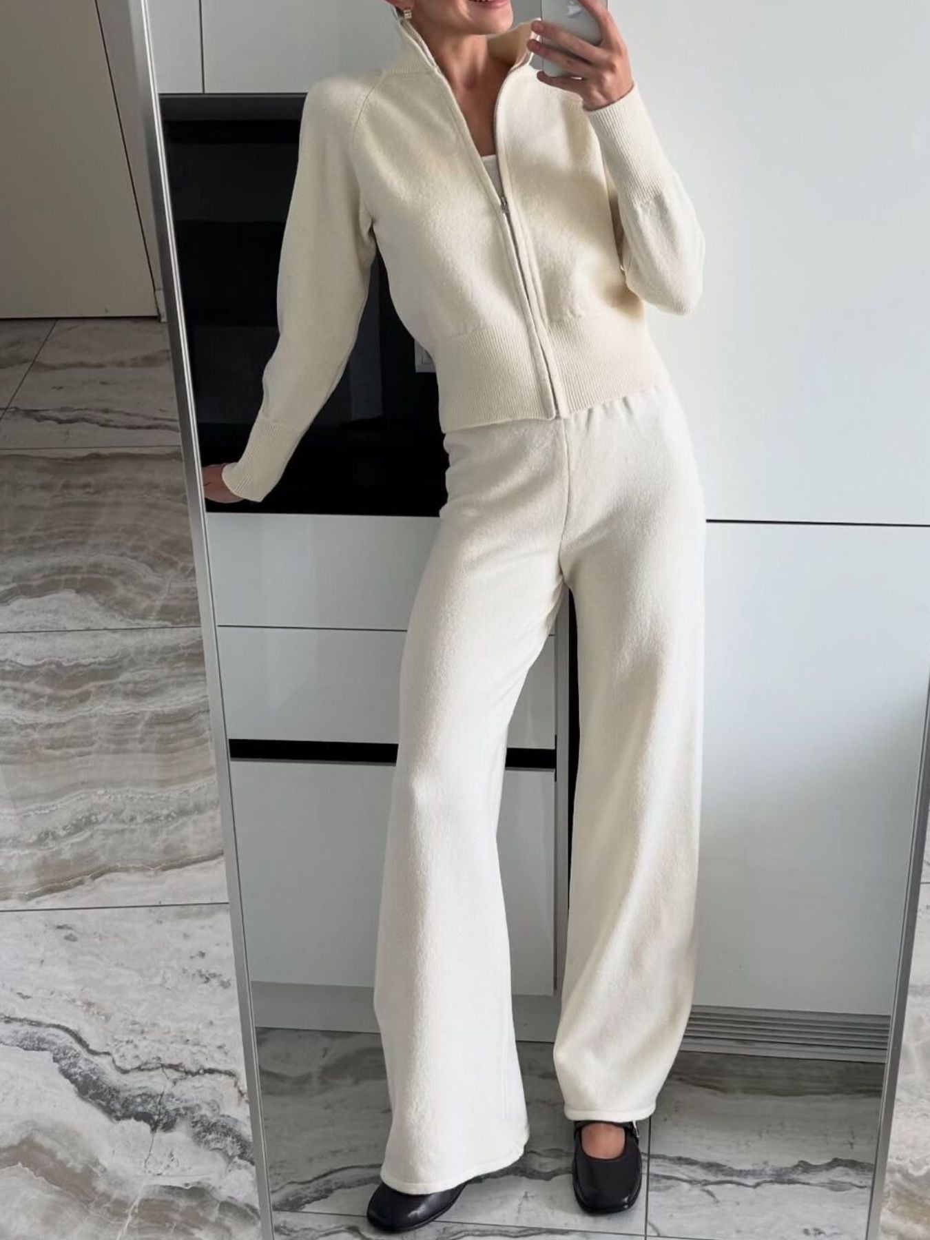 Zip Up Outerwear and Wide Leg Pants Set Off-white One Size 127a490a-cbad-4070-8c05-79c2b5d49631-Max