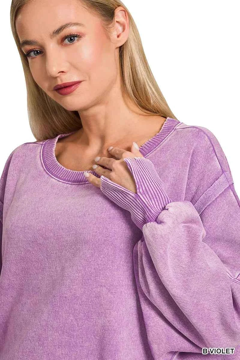 Zenana Acid Washed Batwing Sleeve Fleece Sweatshirt 127e1010a78a44dda74b958afd060885-Max-Origin