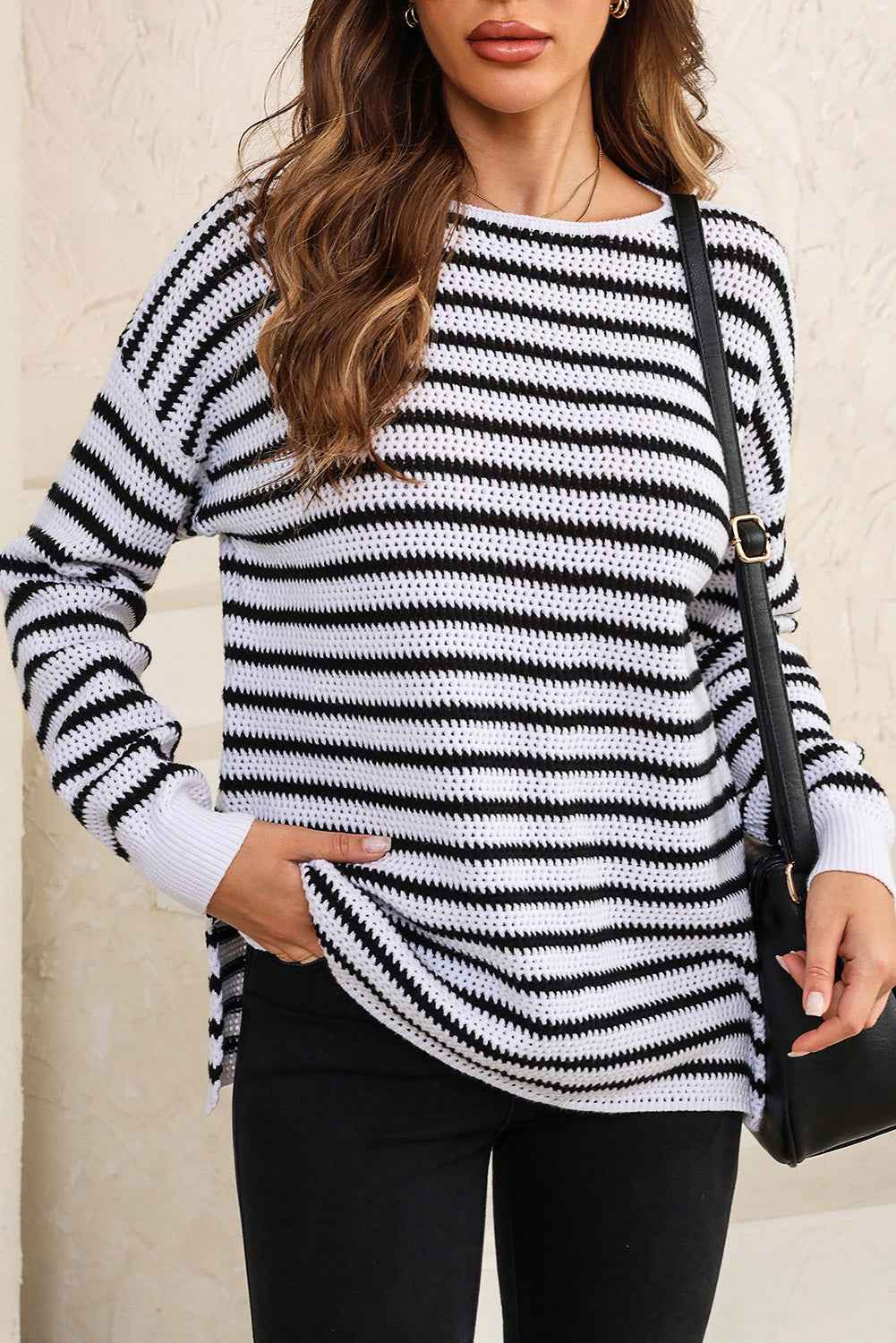 White Striped Knit Split Hem Baggy Sweater White 50%Viscose+28%Polyester+22%Polyamide 127e2748a1684985